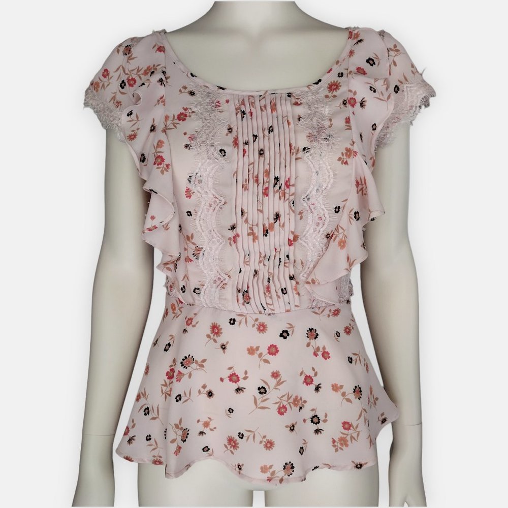 Lauren Conrad Pink Floral Print Ruffled Peplum Blouse